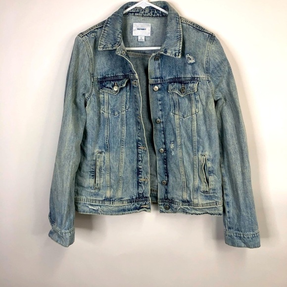Old Navy Destructed Distressed worn Denim Jacket size large Tall - Picture 1 of 16